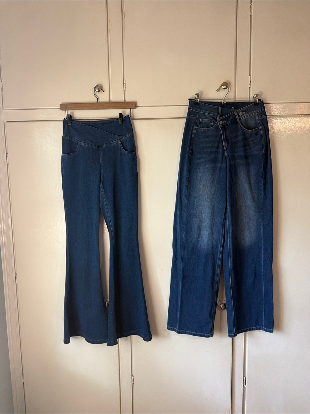 Two pairs of Halara Small Tall Denim— asymmetrical and stretch jeans